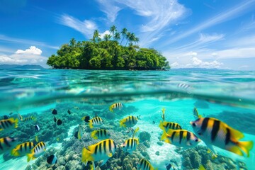 Split view of sea water with fish swimming underwater and tropical island on top