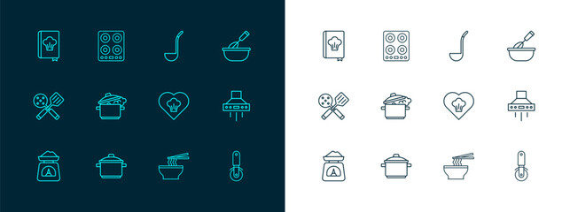 Set line Cooking whisk with bowl, pot, Chef hat, Asian noodles, Kitchen ladle, Cookbook and Gas stove icon. Vector