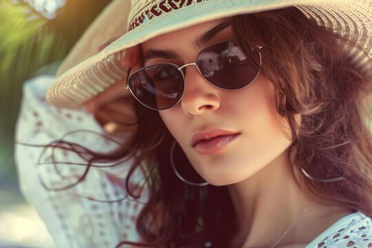 Attractive woman in summer outdoor setting, wearing sunglasses and hat, AI generated portrait