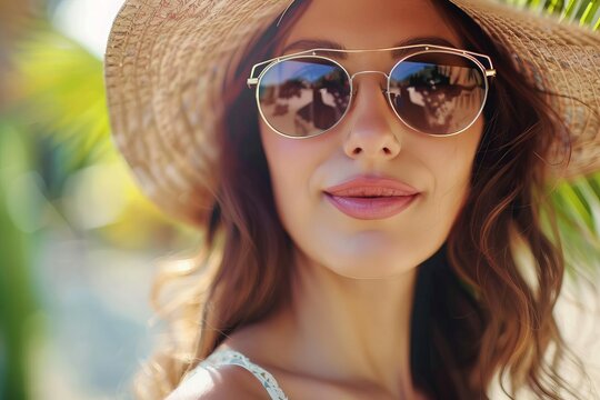 Attractive woman in summer outdoor setting, wearing sunglasses and hat, AI generated portrait
