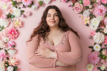 Obraz na płótnie Canvas plus size woman Isolated on pastel flowers background