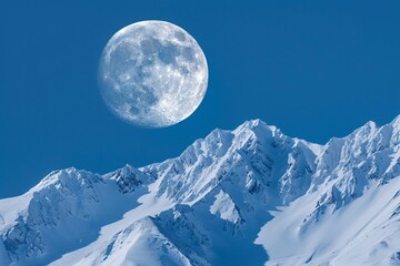 Full moon in clear sky over snow peaks, telephoto, high resolution