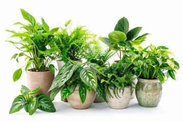 Assortment of lush green houseplants in vintage pots isolated on white background, studio photography