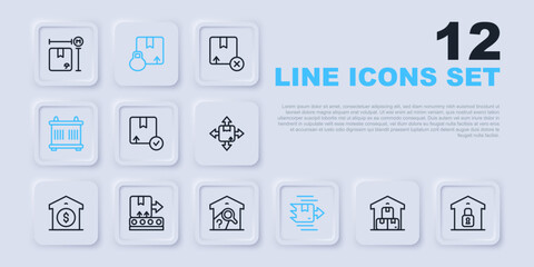 Set line Full warehouse, Closed, Carton cardboard box, Container, Conveyor belt with, and Warehouse check icon. Vector