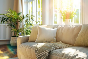 Sunny living room with focus on empty couch and blurred background