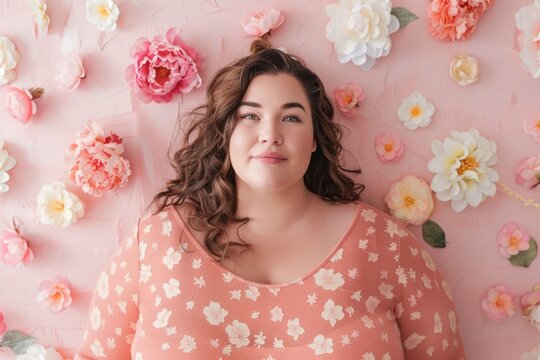plus size woman Isolated on pastel flowers background