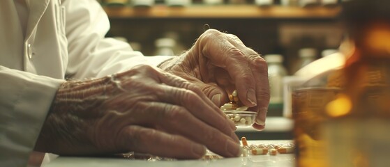 Close up on pharmacist's hands sorting medication, clear lighting, detailed texture.  - obrazy, fototapety, plakaty