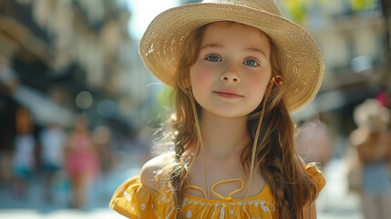 A playful young girl in a yellow dress and hat standing in a bustling city square
