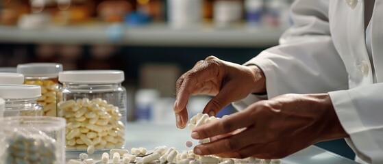 Obraz premium Close up on pharmacist's hands sorting medication, clear lighting, detailed texture.