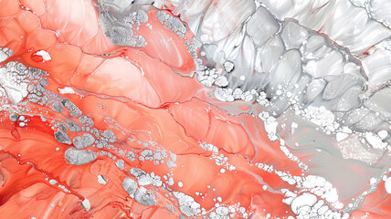 A captivating abstract fluid art background in coral and silver, created using the alcohol ink technique. 