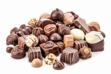 Assorted chocolate candies in a pile, sweet treats isolated on white background, food photo