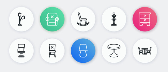 Set line Table lamp, Furniture nightstand, Office chair, Round table, Coat, Armchair, with and Chair icon. Vector