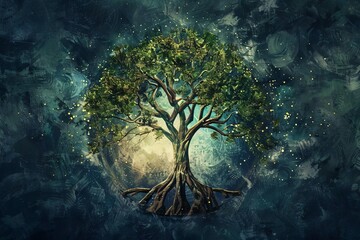 Artistic representation of tree of life, sacred symbol of growth and prosperity, digital art