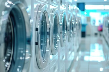 washing and laundry concept with rows of white laundry machines background - obrazy, fototapety, plakaty