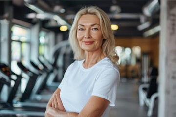 Obraz premium mature fitness woman in white posing in fitness gym