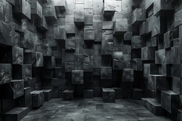 A dark, monochromatic image showing a three-dimensional cubic geometric pattern providing an abstract, moody vibe