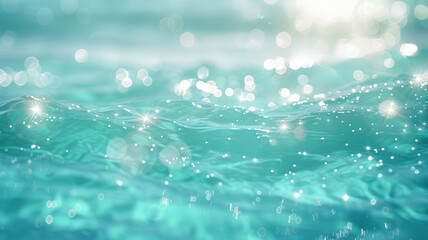 Naklejka na ściany i meble A dreamy, defocused turquoise background, sprinkled with aquamarine bokeh lights, evoking the feel of a tropical ocean sparkling under the sun.