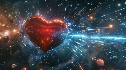 An ethereal red heart hurtles through the star - obrazy, fototapety, plakaty