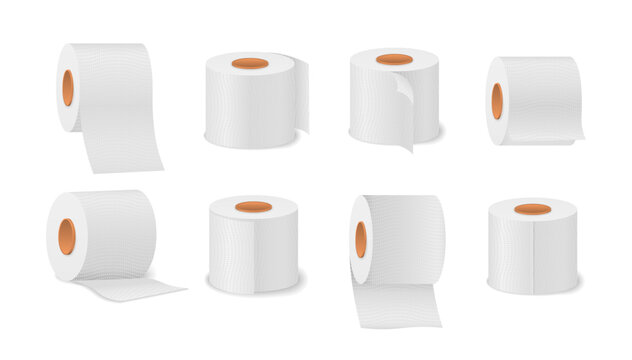 Toilet paper rolls for bathroom and restroom, white soft kitchen towels set. Cute cartoon tissue paper roll set for toilet. Hygiene household item for restrooms. Vector illustration.