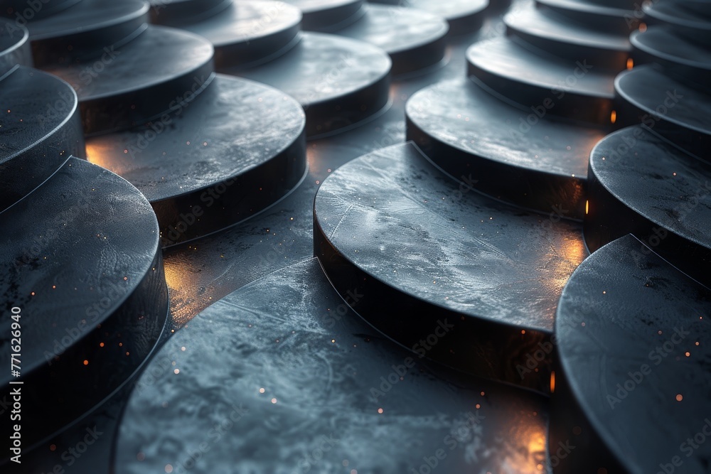 Poster the image presents an array of metallic circular plates illuminated by subtle, fiery sparks suggesti