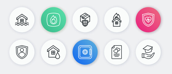 Set line Safe, Life insurance with shield, Marriage contract, Fire burning house, Delivery security, Education grant and House flood icon. Vector