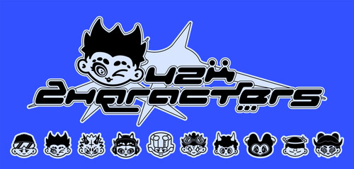 Cartoon Y2K face characters. Cyber mascot faces, retro futuristic elements for design. Vector set