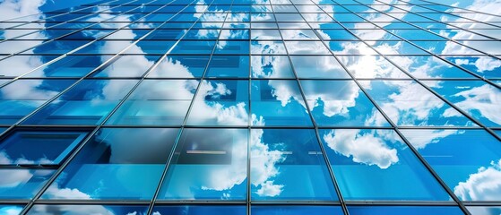 Close up of hospital's modern glass facade, reflecting sky, architectural beauty. 