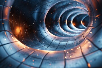 This image depicts a detailed 3D rendered futuristic tunnel with intricate design elements and blue...
