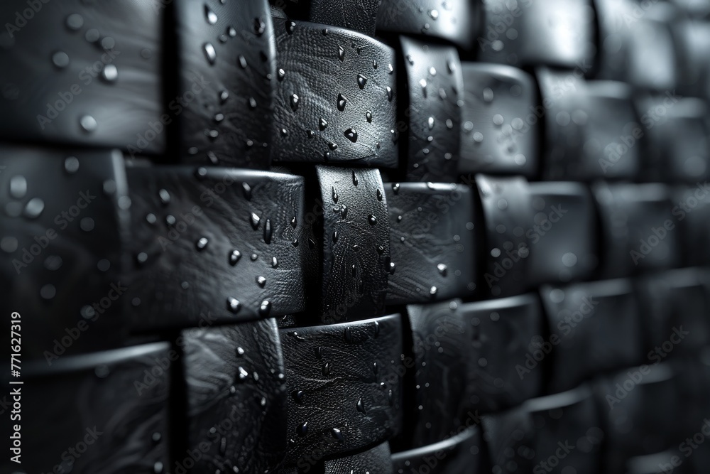 Poster macro image of a black embossed surface patterned with cubes and adorned with water droplets