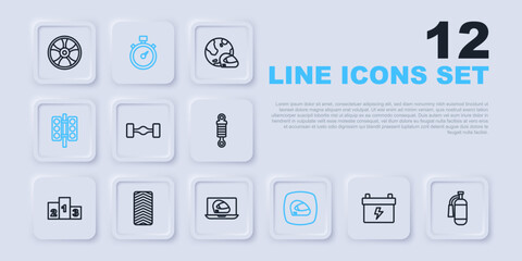 Set line Car battery, Fire extinguisher, Chassis car, Racing helmet, traffic light, tire wheel, Stopwatch and icon. Vector