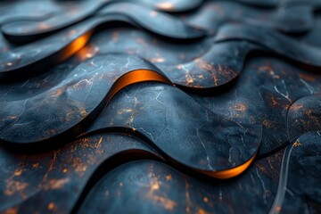 Close-up of a dimpled dark surface with rhythmic wavy patterns highlighted by orange reflections - obrazy, fototapety, plakaty