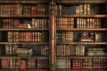 Antique library with old books on wooden shelves, nostalgic 3D rendering - obrazy, fototapety, plakaty