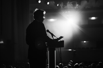 Silhouette of man giving a speech on stage