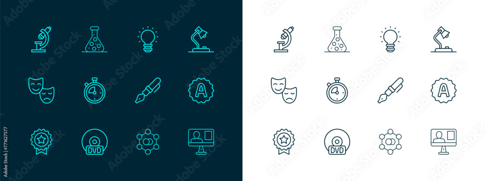 Sticker Set line Table lamp, CD or DVD disk, Fountain pen nib, Molecule, Stopwatch, Creative light idea, Microscope and Test tube icon. Vector