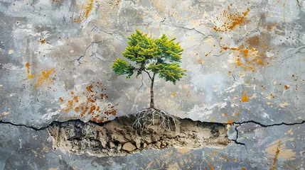 Gordijnen Visual metaphor of resilience robust tree growing through cracks in an urban landscape © Pters