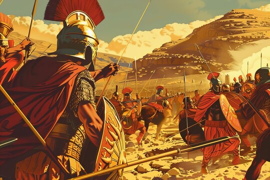 Ancient biblical battle scene, Israelites fighting enemy nations, religious historical illustration
