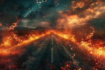 An asphalt road ablaze with fiery flames and sparks in a desolate wasteland, digital art - obrazy, fototapety, plakaty