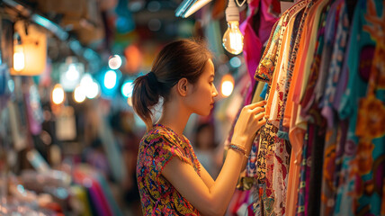 an Asian girl chooses fabrics at the market A selection of fabrics at the evening oriental bazaar