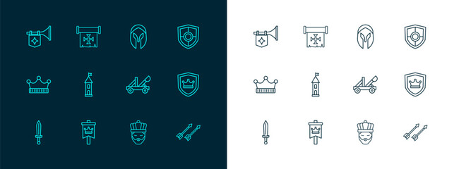 Set line Shield, Medieval flag, catapult, King with crown, Castle tower, helmet, Trumpet and Crusade icon. Vector - obrazy, fototapety, plakaty