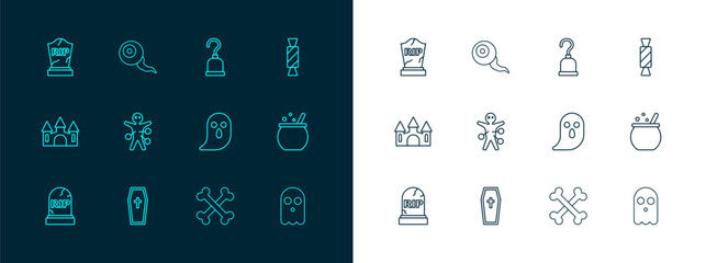 Set line Candy, Coffin with christian cross, Ghost, Crossed bones, Voodoo doll, Pirate hook, Tombstone RIP written and Eye icon. Vector