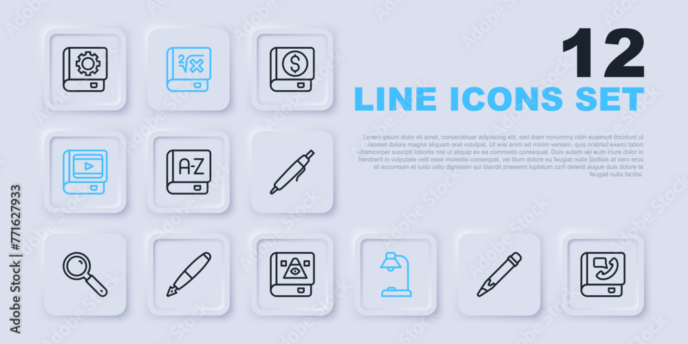 Sticker Set line Pencil with eraser, Phone book, Translator, Table lamp, Book about cinema, Fountain pen nib, mathematics and Ancient magic icon. Vector