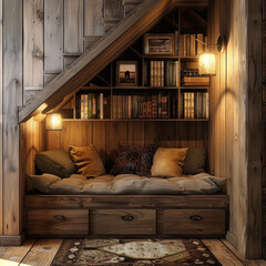 A cozy reading nook under the stairs, with bookshelves and cushions, warm lighting, rustic style home decor in the style of a rustic style - obrazy, fototapety, plakaty
