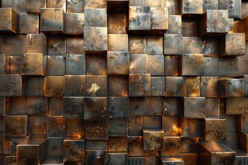 The image showcases a pattern of rustic golden cubes with signs of weathering, creating a textured...