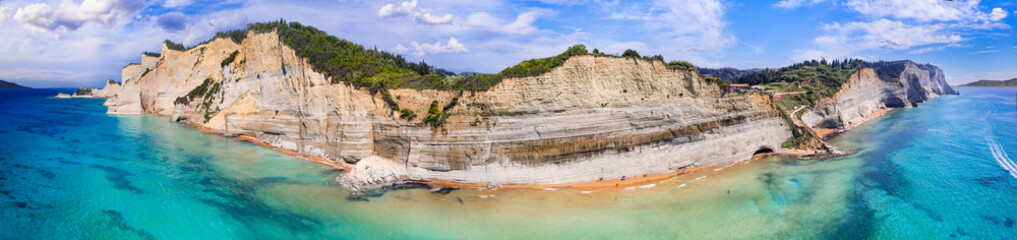 Greece travel, best beaches of Corfu island. Splendid wild beach Loggas under the huge vertical rock. Cape of Drastis, Sidari - 771628119