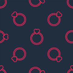 Red line Diamond engagement ring icon isolated seamless pattern on black background. Vector