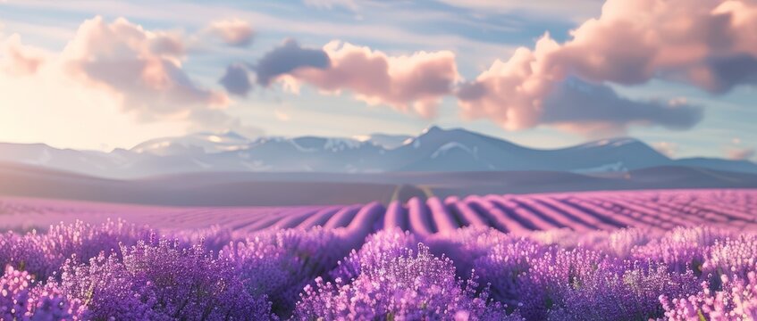 lavender on a background of blue sky with clouds.  space for text or advertising
