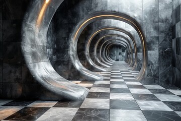 Futuristic tunnel design merges marble textures and gold elements to create a sense of luxury and...