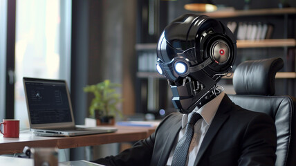 a robot in the office. A robot in a business suit works at a desk in the office. The boss is a robot. The black robot - obrazy, fototapety, plakaty