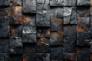 Image depicts an uneven, charred texture on a wall of 3D cubes, combining shades of black and...