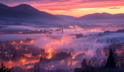 A city is shrouded in dense fog at night, with glowing lights peeking through the mist, creating an eerie and mysterious atmosphere - obrazy, fototapety, plakaty